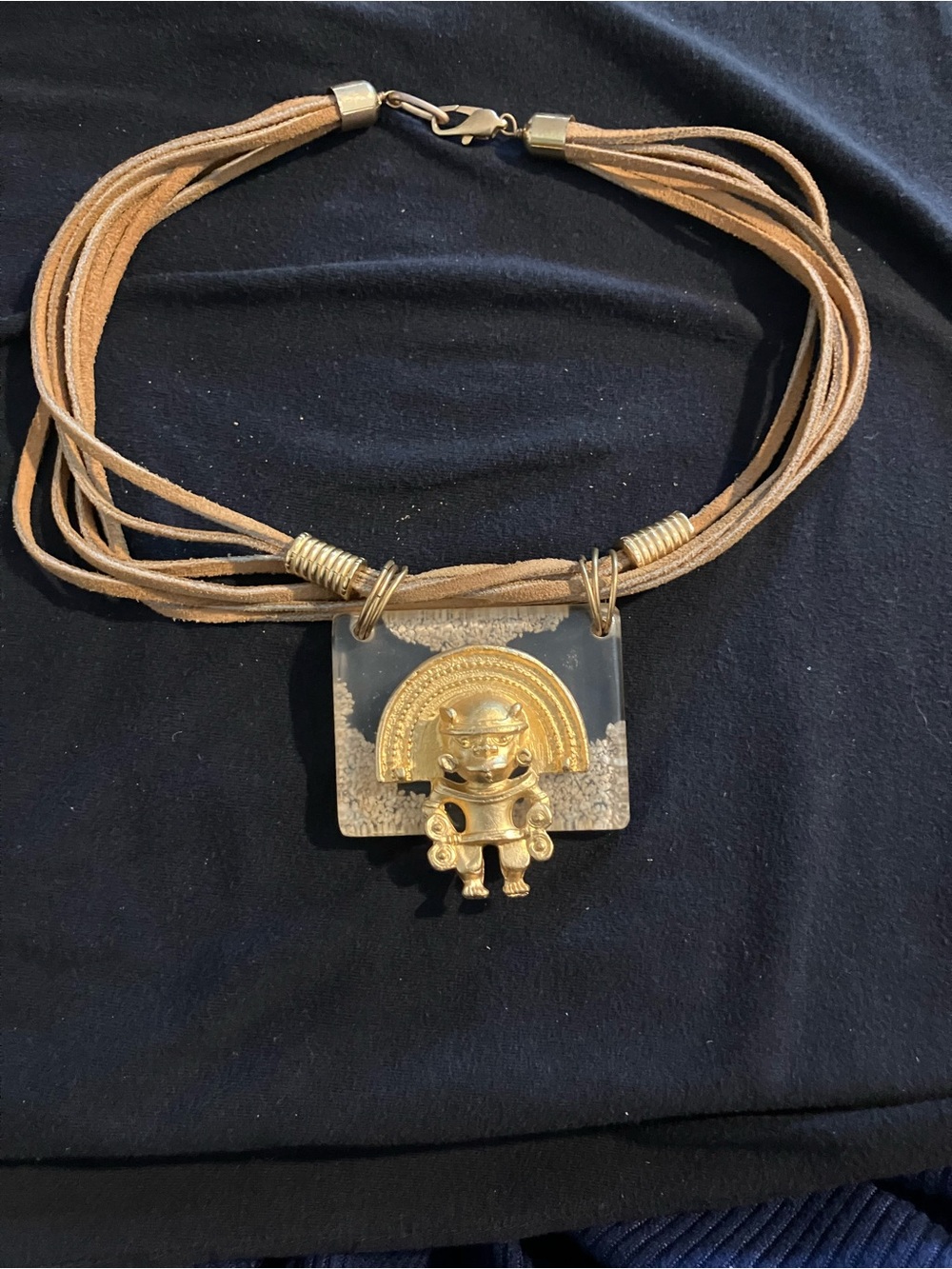 Estate Gold-Tone Tairona Cacique on Tan Multi-Strand Cord Necklace